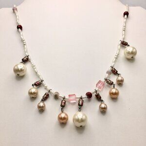 Vintage Faux Pearl & Pink Art Glass Bead Necklace Dangling Charm Fringe